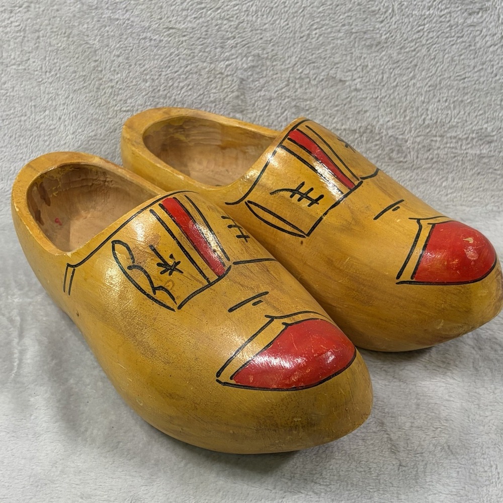 Vintage Dutch Wooden Clogs Hand Painted Klompen Shoes Folk Art Size 28 1/3